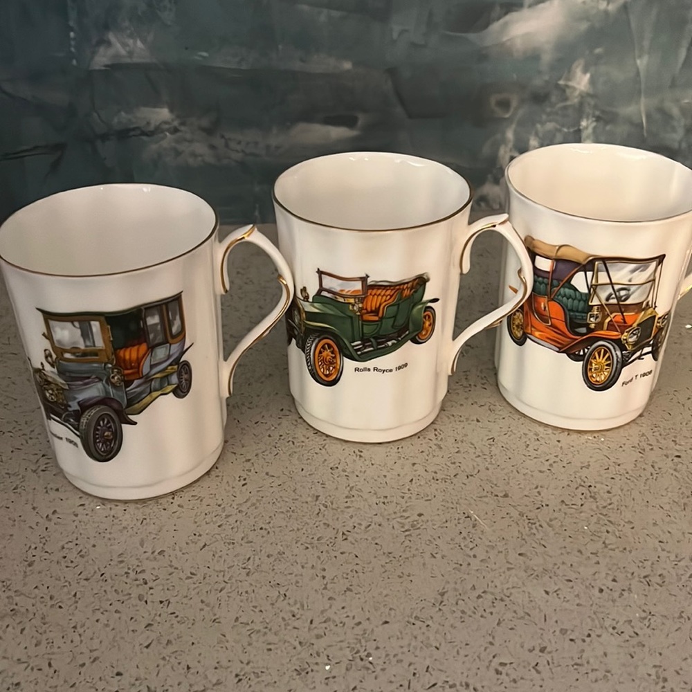 3 Vintage Fine Bone China Royal Windsor Coffee Cup Mug Automobile